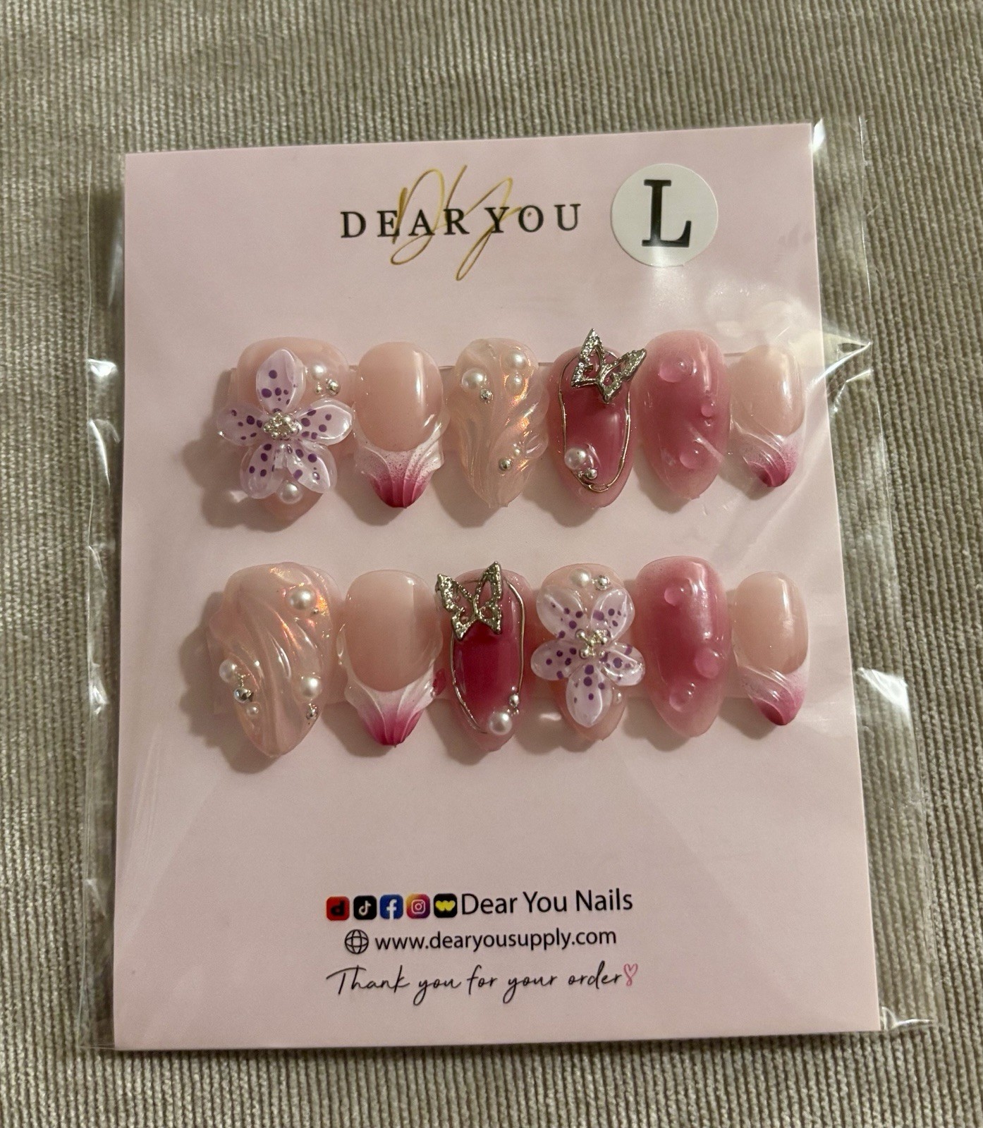 Handmade Press On Nails By Dear You Nails Size Large Pink 3D Flowers & Butterfly