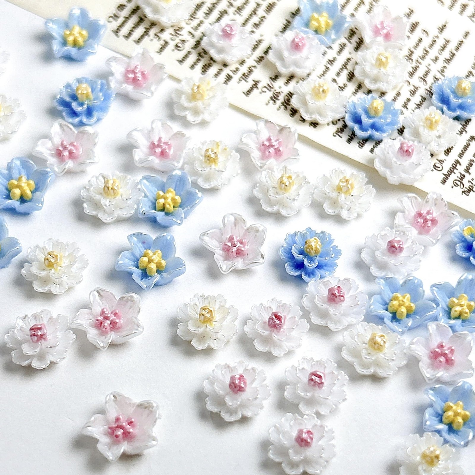 50PCS Flower Nail Art Charms 3D White Blue Roses Camellias Nail Charms DIY Re…