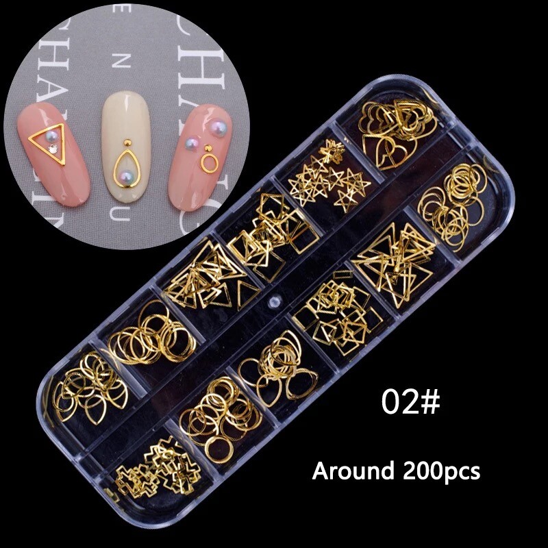 Nail 12Grids/Box Decoration Gold Silver Rosegold 3D Alloy Metal Set