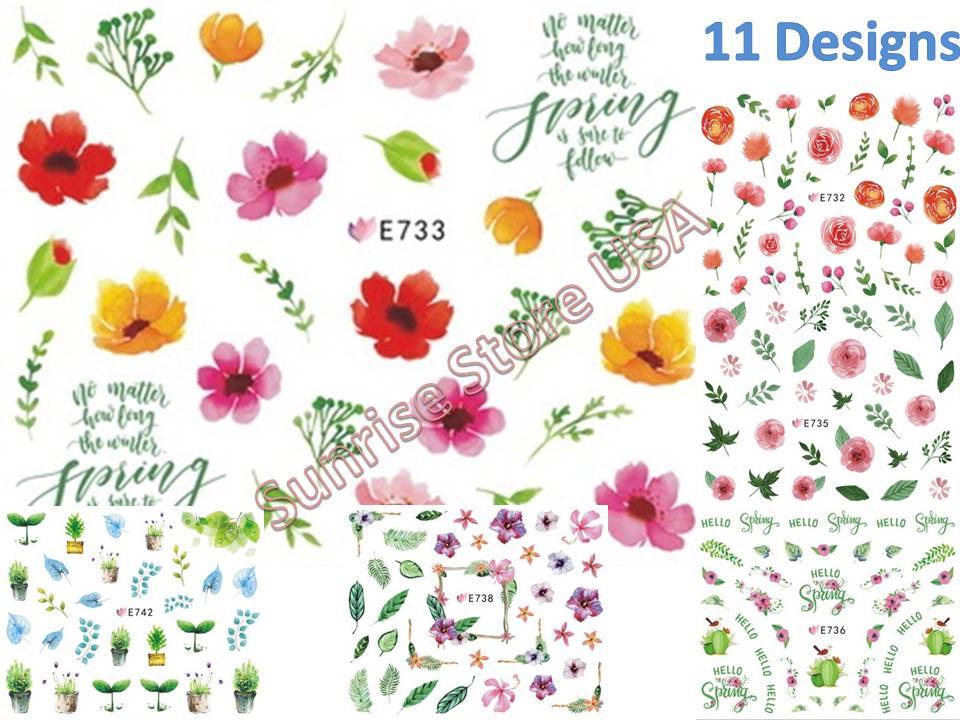 11 Designs 3D Nail Art Sticker Spring Flower Leaves Decals Manicure Peel & Stick