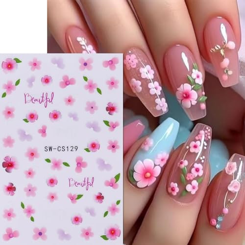 Flower Nail Stickers for Nail Art Spring Nail Decals 6PCS 3D Blue Purple Pink