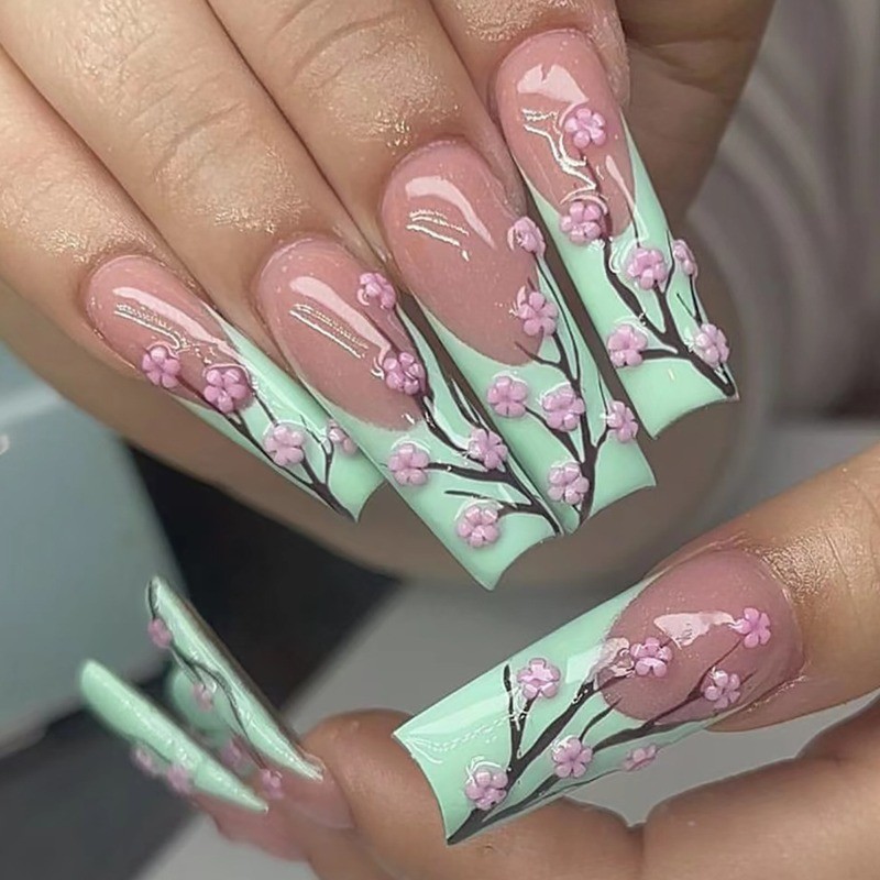 48P Long Coffin Press on Nails, Mint Green 3D Cherry Blossom Glossy Fake Nails