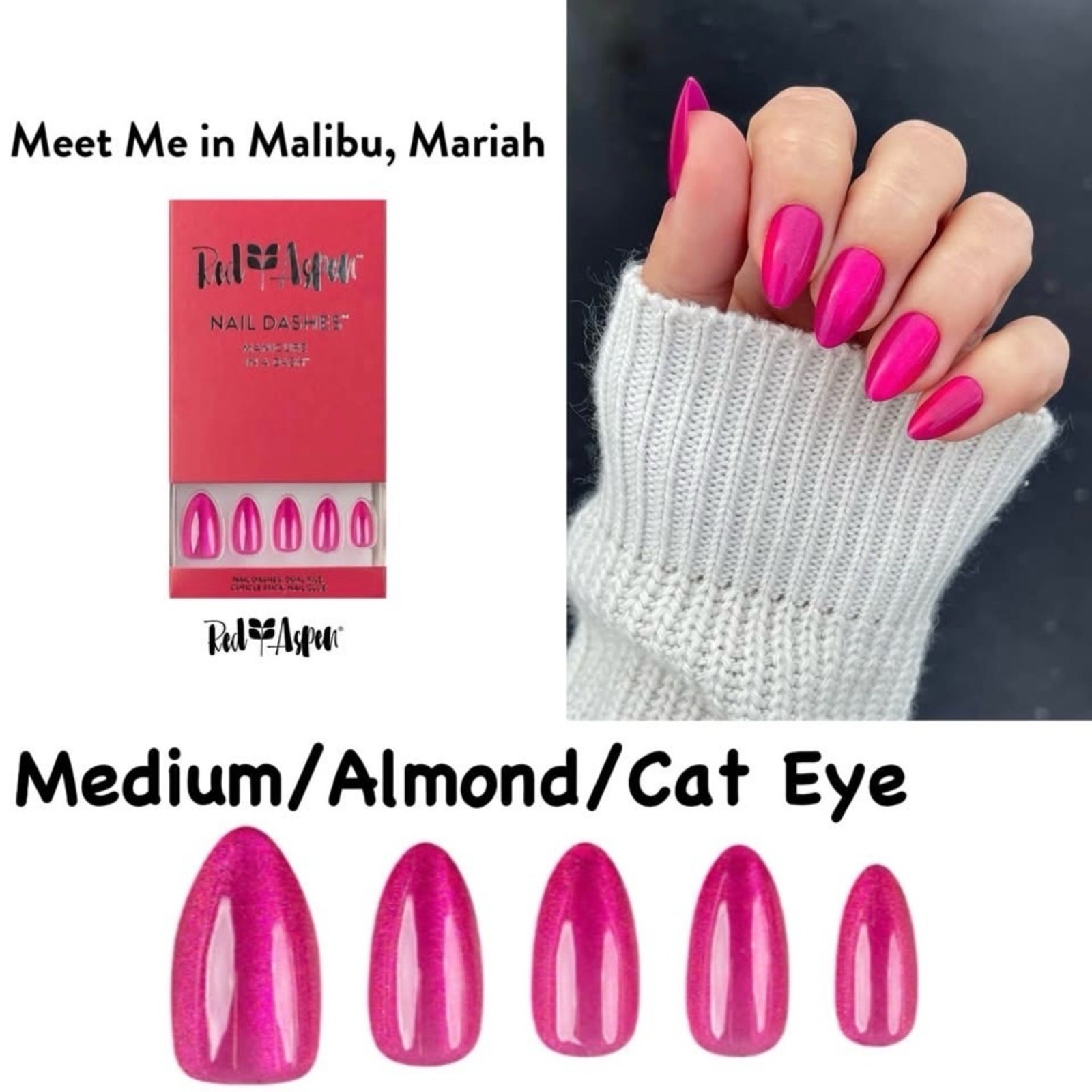 ‘Meet Me in Malibu, Mariah’ Medium Almond Cat Eye Press-On Nails – Bright Pink