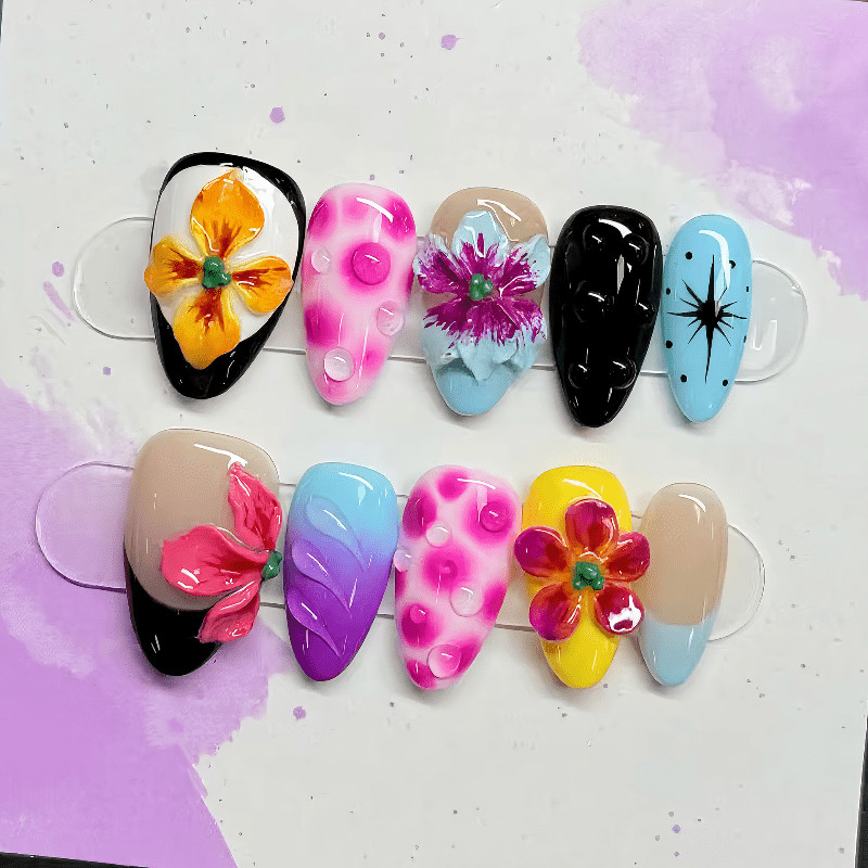 60 Pcs Gradient Color Floral Oval Press on Nails, Trendy Art Summer Fake Nails