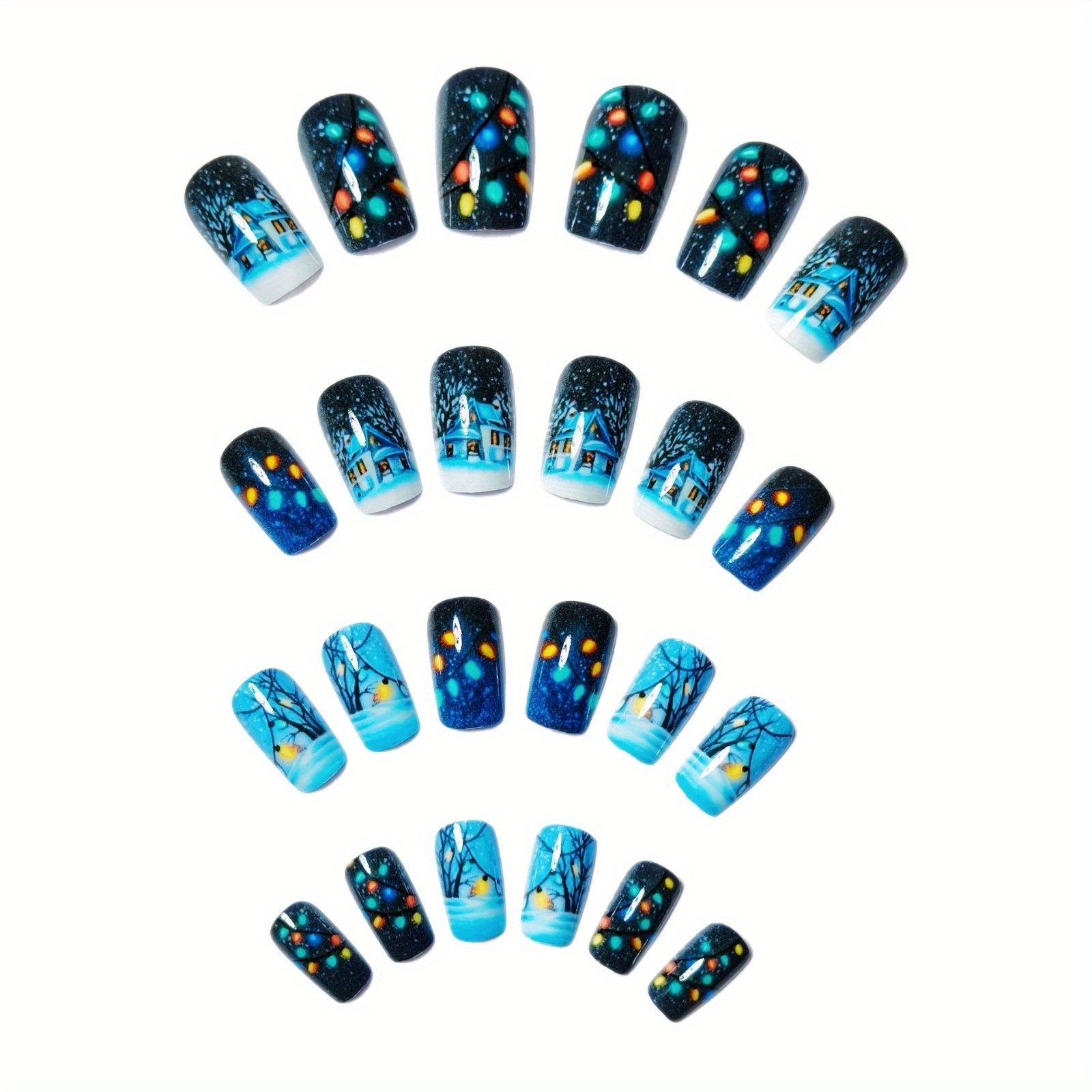 48pcs Winter Holiday Press On Nails Christmas Cottage Reusable False Nail Kit