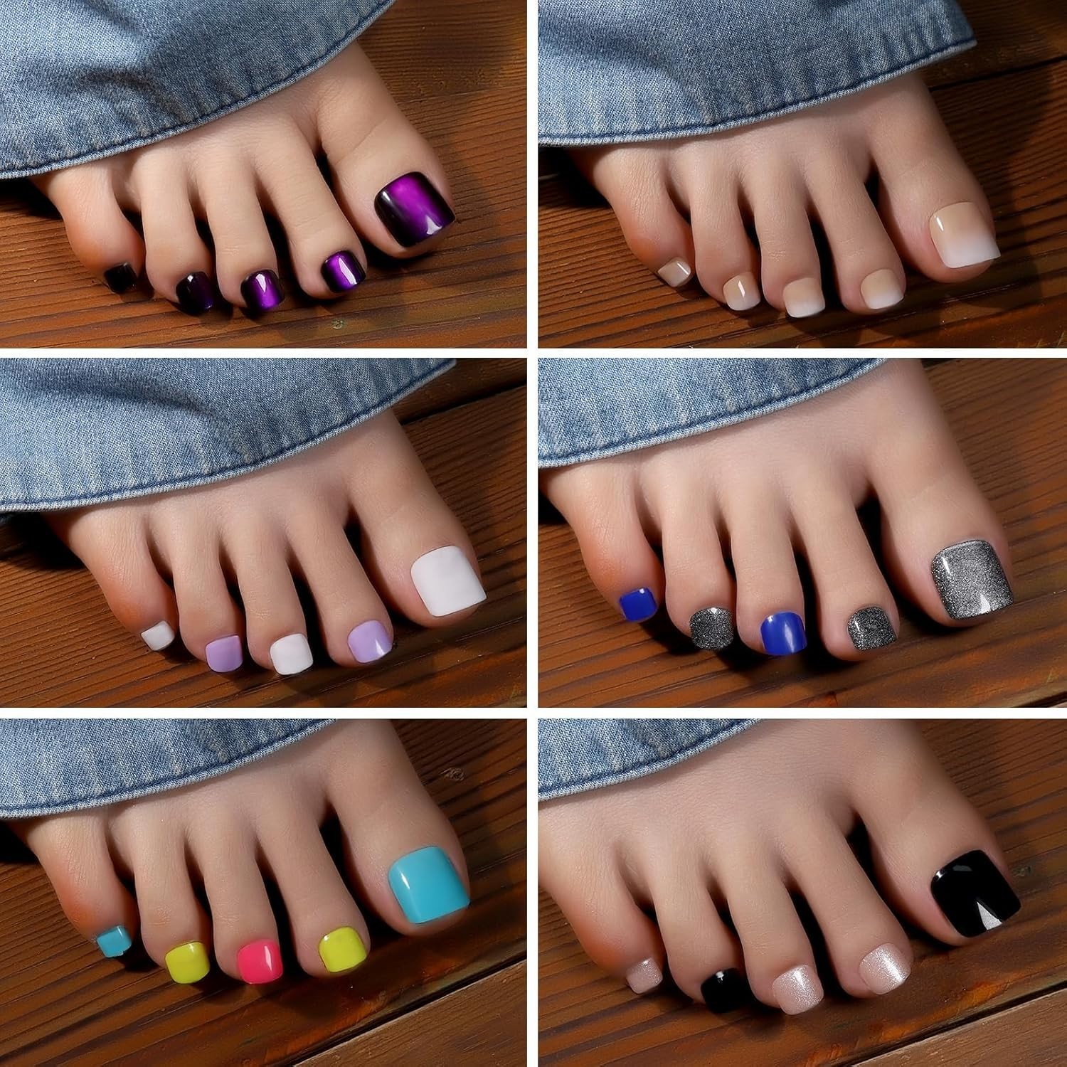 FANDAMEI 24-Color Press On Toenails: French Tip, Cat Eye, Ombre, Glitter