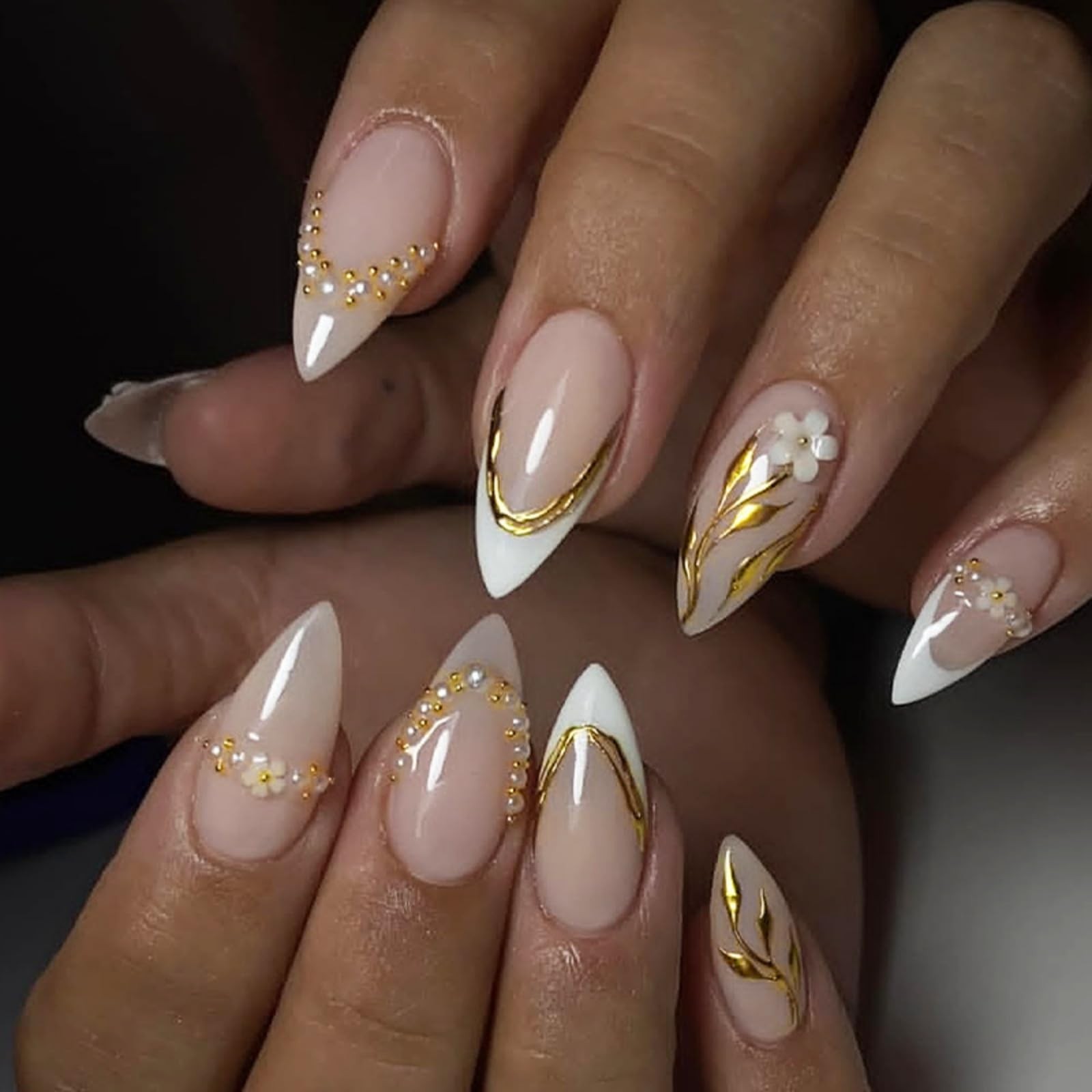 Almond Press on Nails White French Tip Fake Nails Gold Leaf False Nail with 3…