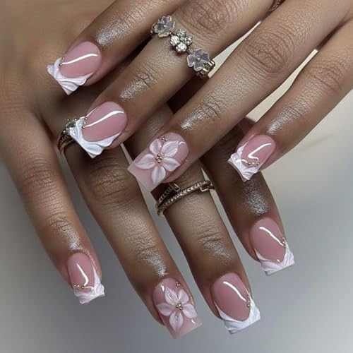 Flower White French Tip Square Press on Nails – Fake 5