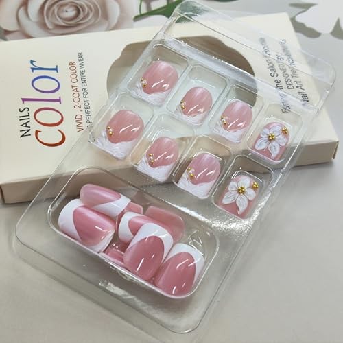 Flower White French Tip Square Press on Nails – Fake 5