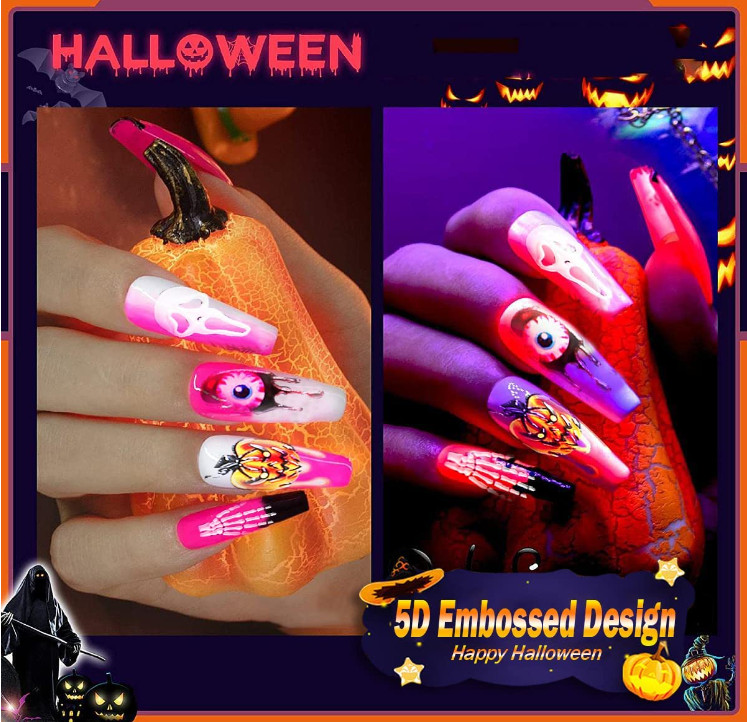 Nail Art Sticker Halloween Eye Blood Skull Skeleton Pumpkin 5D Embossed DIY NS40