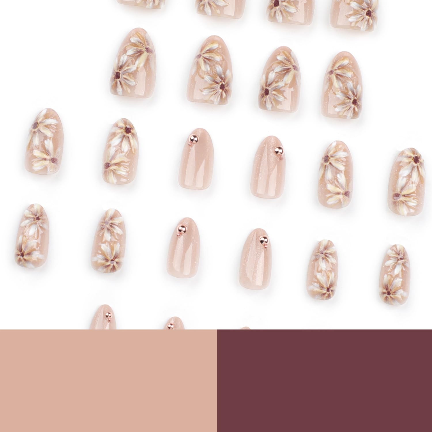 24Pcs Flower Press on Nails Short Almond Fake Nails with 3D Gold Beads Design…
