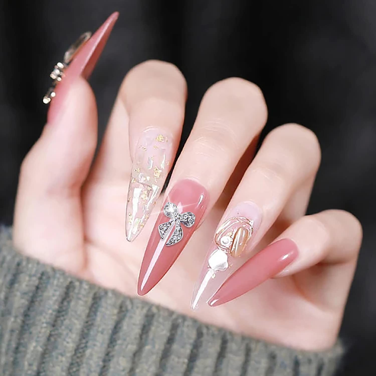 33 Pcs Silver Bow Nail Charms, Pearl Rhinestone 3D Bowknot Nail Art