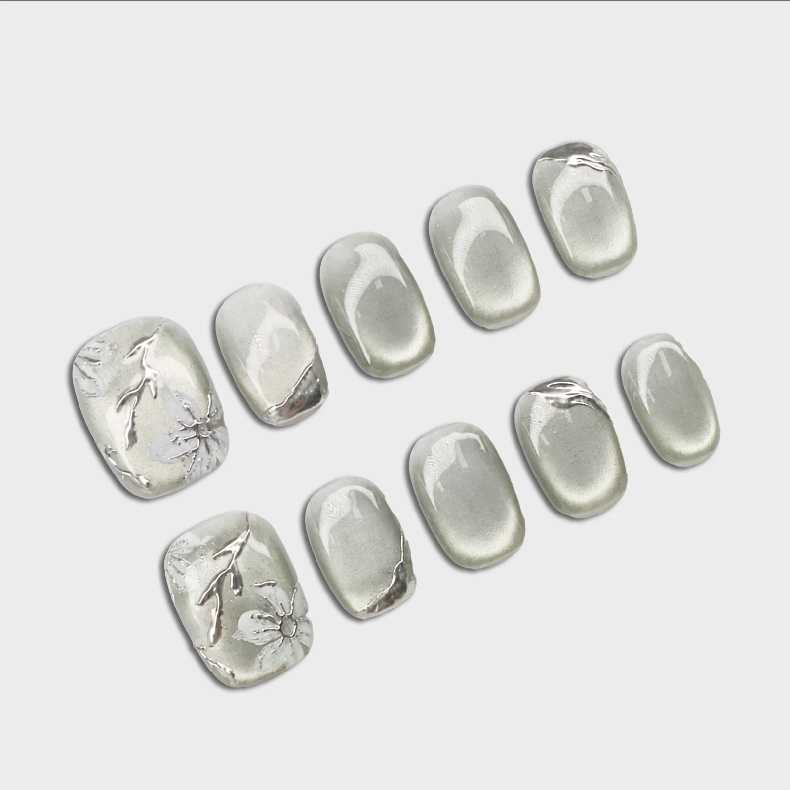SIYOU Steel Magnolia Short Squoval Silver Floral Press-On Nails 10pc
