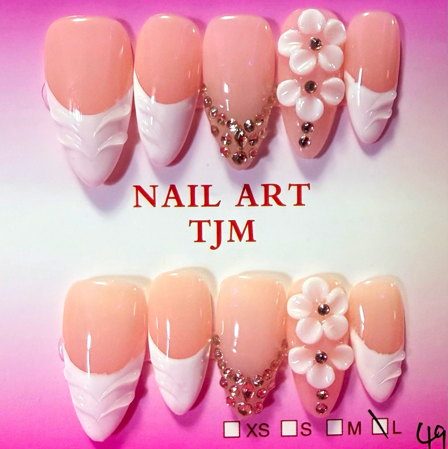 Nail Art TJM Pink/White French Tip 3D Flower Coffin Press-On Nails, Long