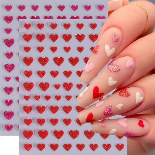 6Sheets Heart Nail Stickers Decals Shiny Love Nail Decals 3D Self shiny love