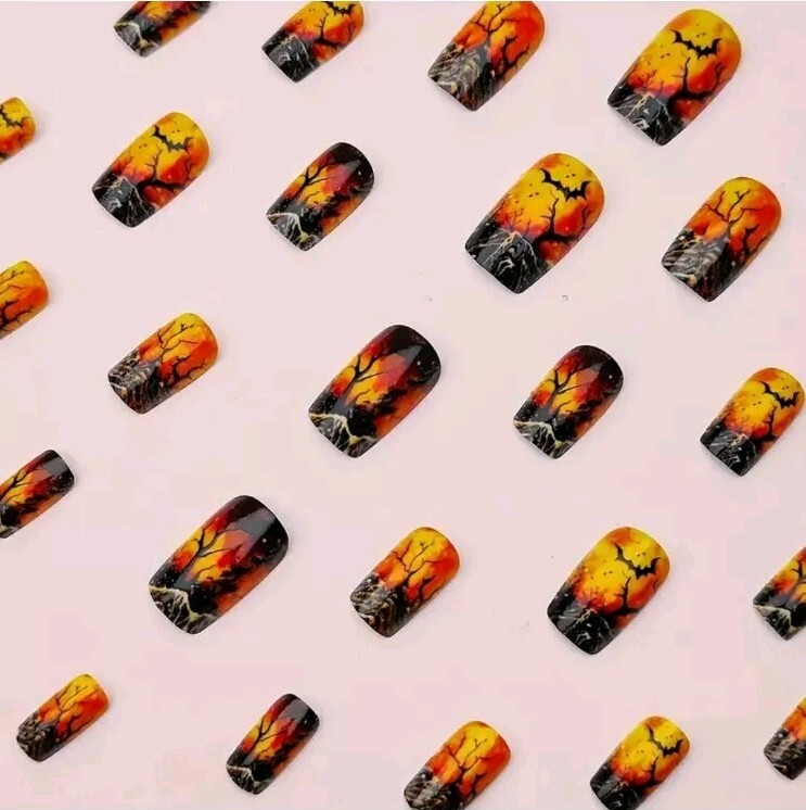 Halloween Fingernails Trees, Bats, Spooky Middle Length Black & Orange Reusable