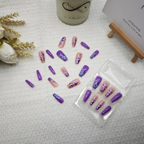 24Pcs Purple Press on Nails Spring Fake Nails Purple Flower Design False A38