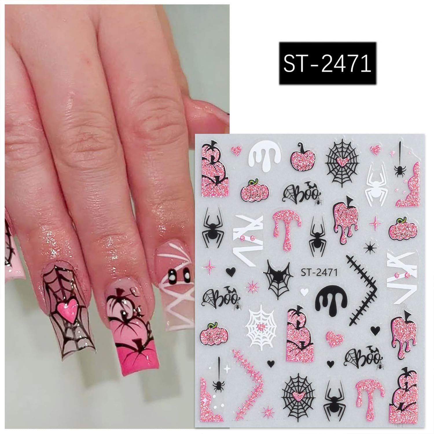 6 Sheets Halloween Nail Art Stickers Decals Pink Glitter Spider Blood Pumpkin…