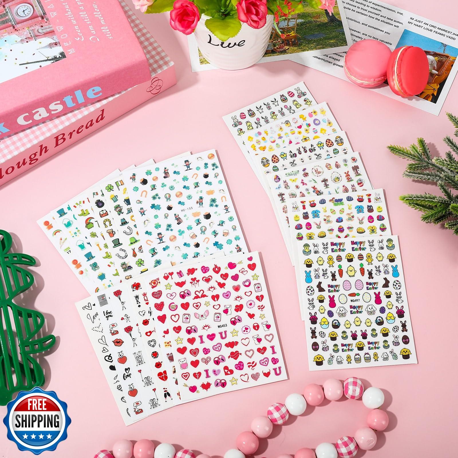 Whaline 18 Sheets Valentine’s Day Love Heart Nail Art Stickers Shamrock Gnome