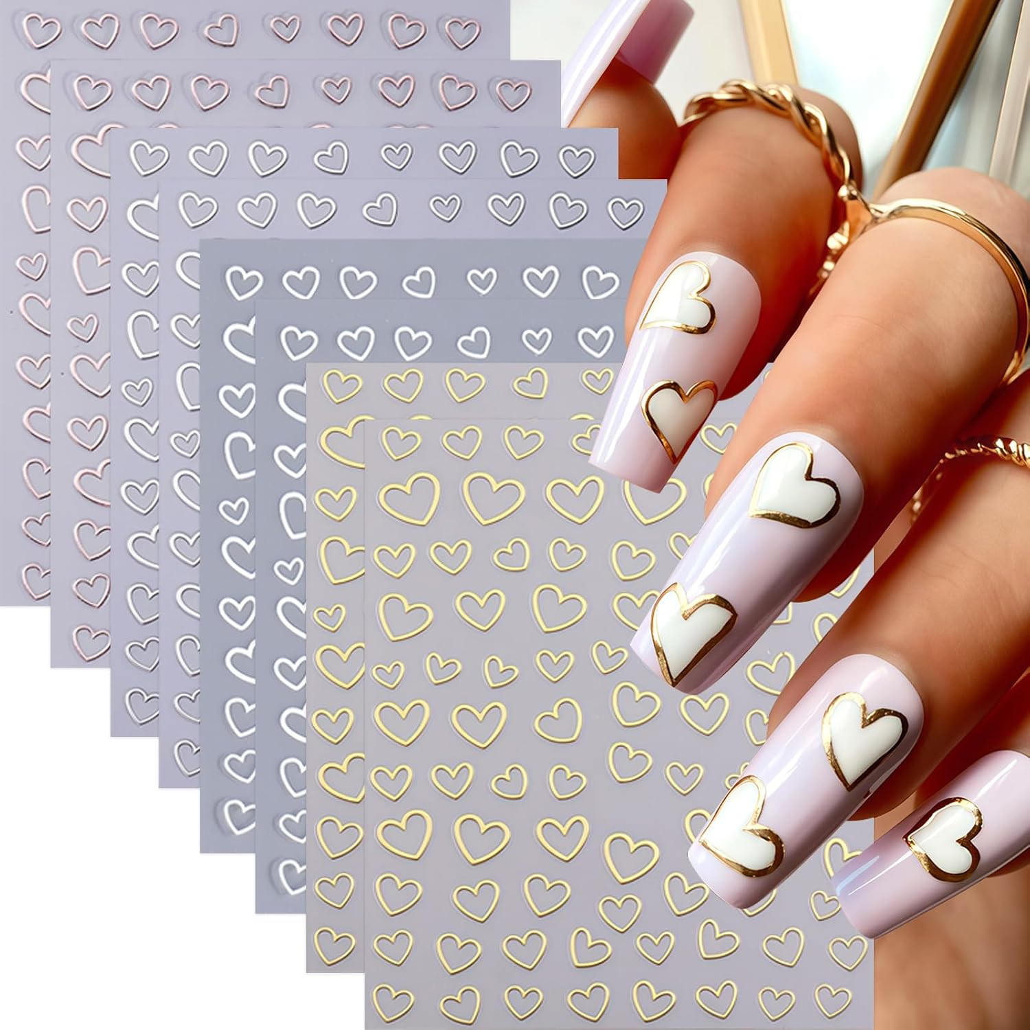 8 Sheets Valentines Day Nail Art Stickers 3D Gold Silver White Rose Gold Hollow