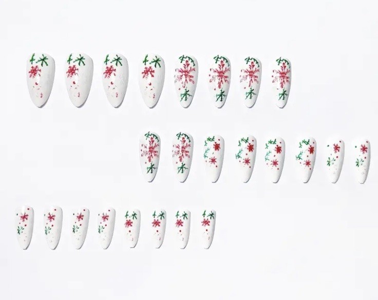 24 Pc Snow White Christmas Snowflake Red Green Medium Stiletto Press On Nails
