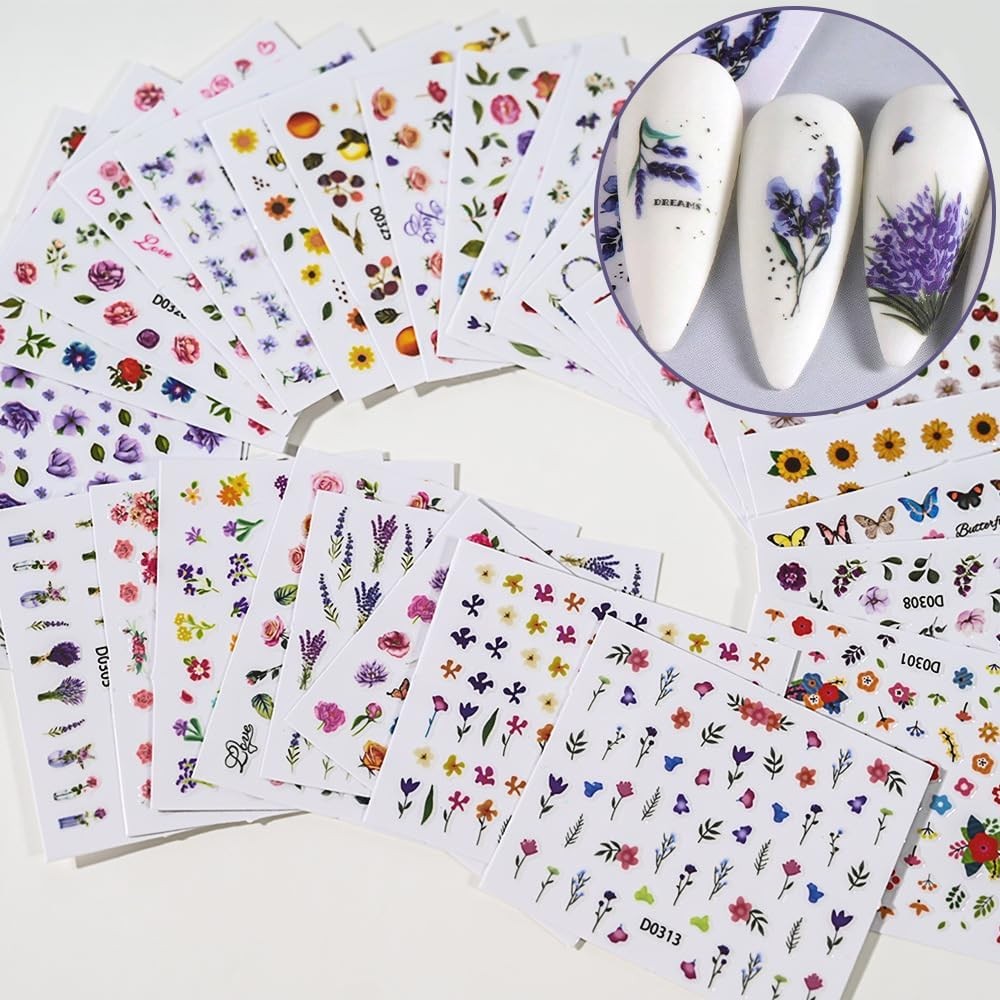 30 Sheets Flowers Nail Art Stickers Colorful Floral Butterfly Style8