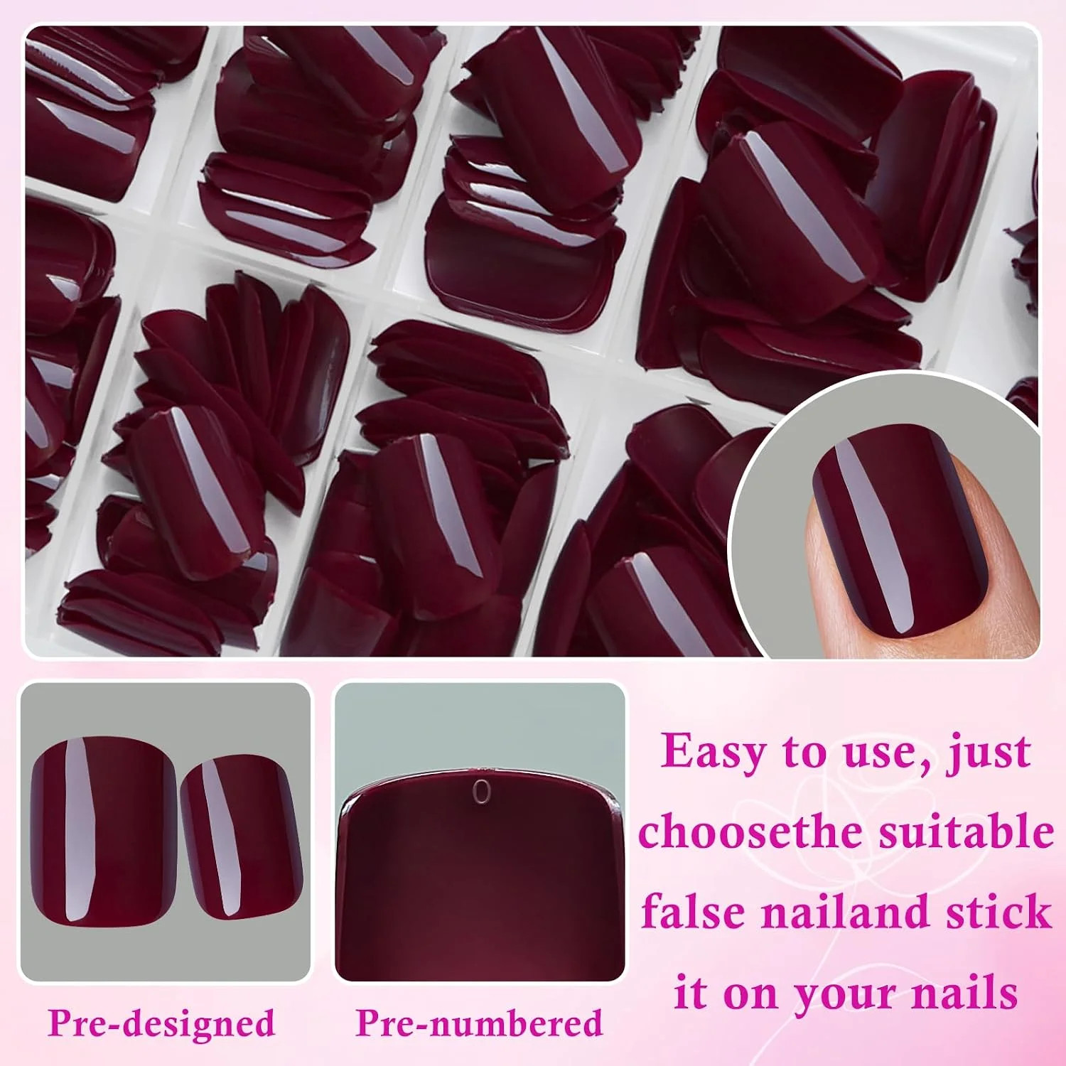 240pc Burgundy Press on Nails Short Square Fake Nails with Tabs, Short Acrylic N