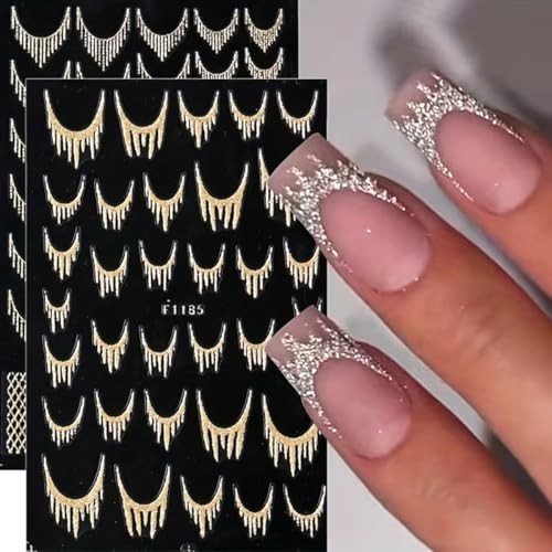 Glitter French Tip Nail Art Stickers Sparkly Gold Silver Tassel Line style8