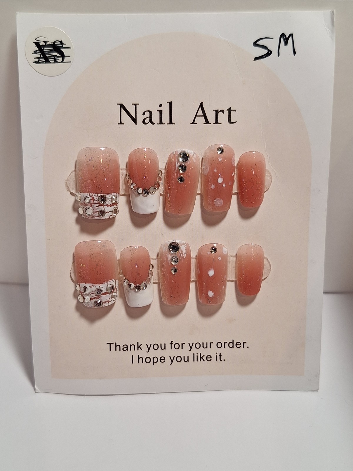 Small Press-On Nails Peach White Silver 3D Shiny Square Sparkle Full Cover