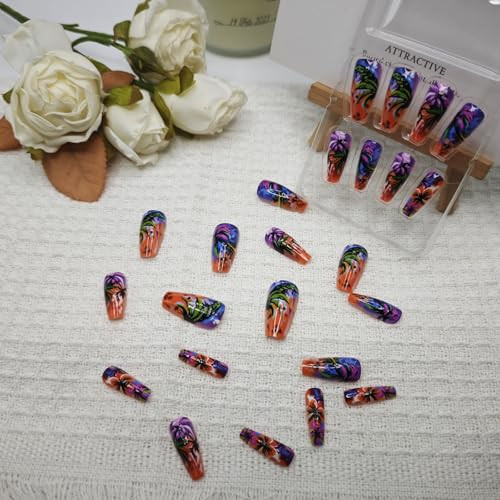 24Pcs Summer Press on Nails Medium Fake Nails with Colorful Coconut Tree A33