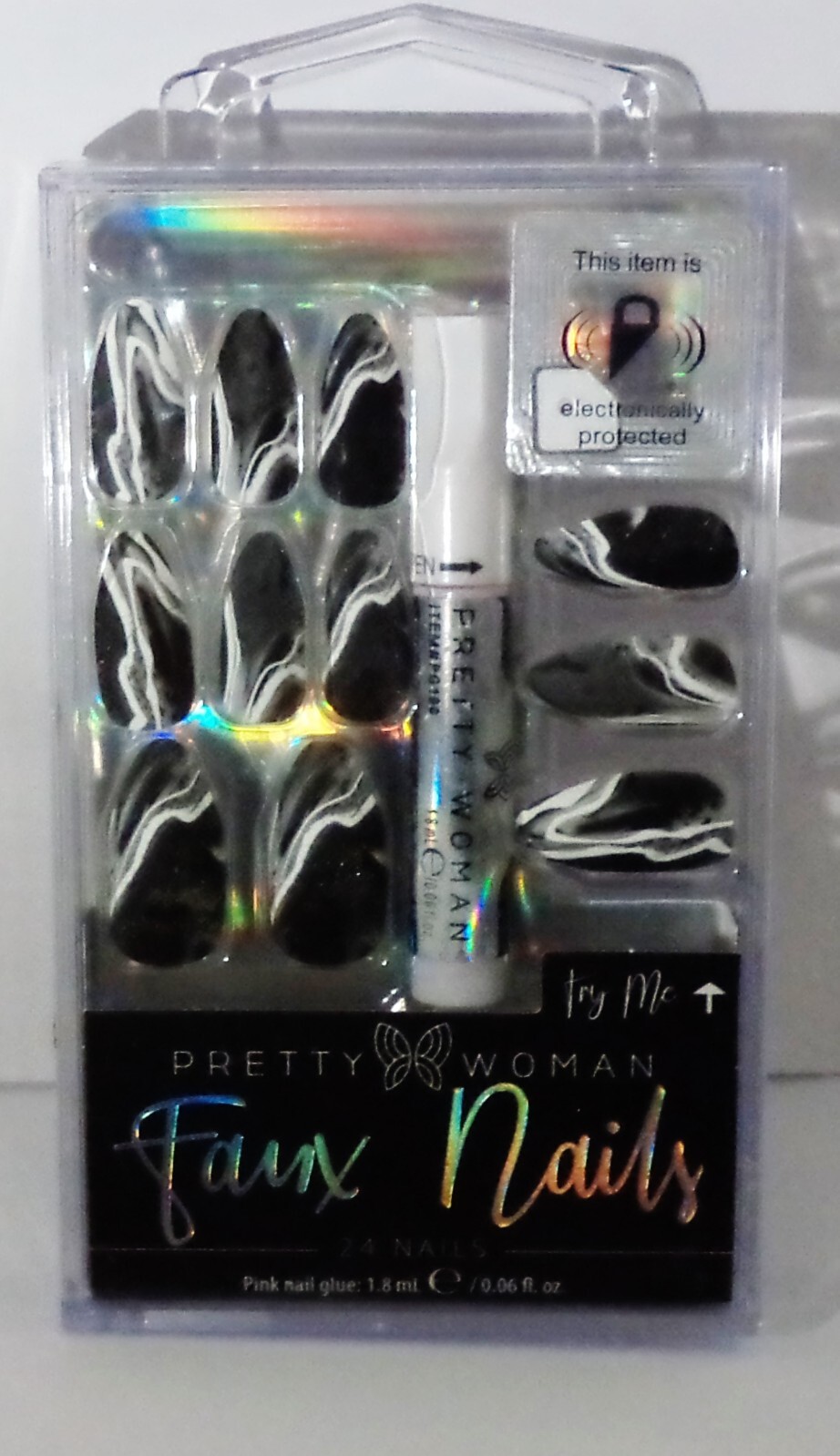 Pretty Woman FAUX Nails 24 Nail & Glue Fashionable BLACK & WHITE SWIRLS #MNV298
