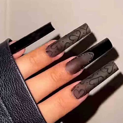 Black Press on Nails Long, LOVE Design Extra Long Clear Fake Square Black Nails