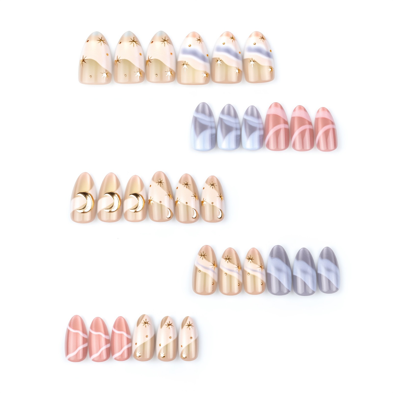 60Pcs-Almond Fake Nails Marble Gradient Gold Moon Star Foil Glossy Press on Tips