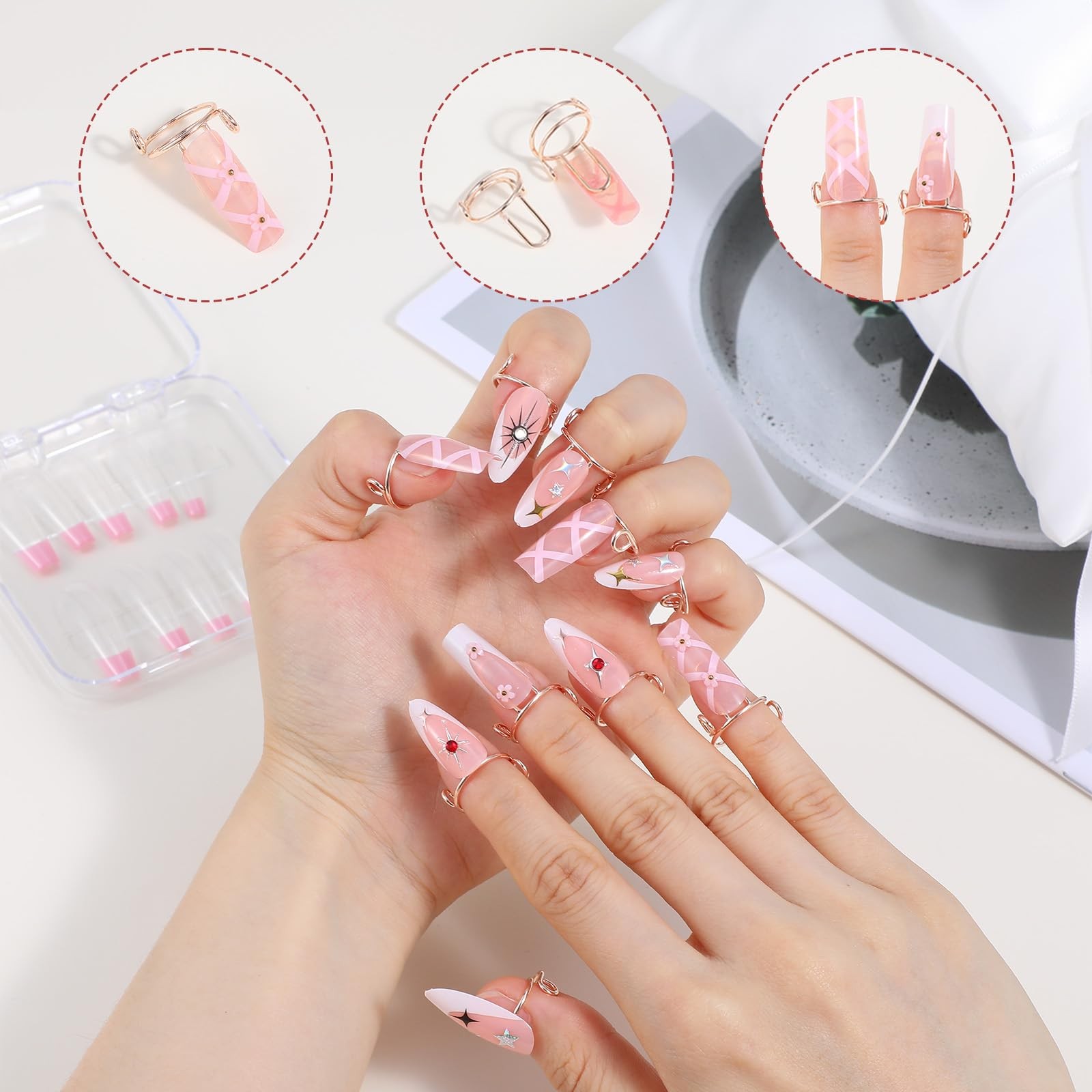 10Pcs Wudu Nail Rings with Nails Attached, Rose Gold Adjustable Metal Nail Ri…