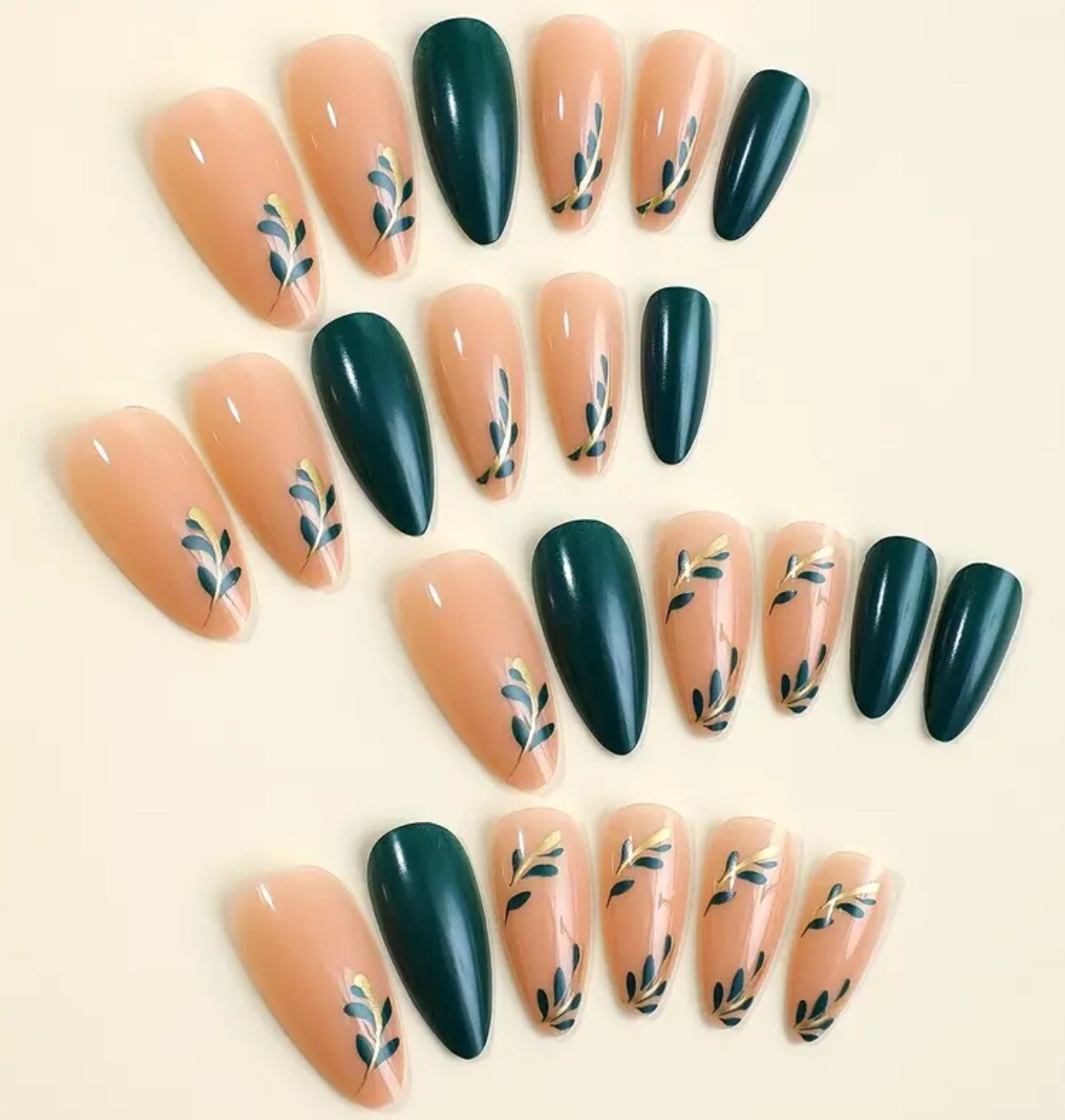 Press on Nails Medium Almond Black Green Gradient Golden Glitter Line Leaves Art