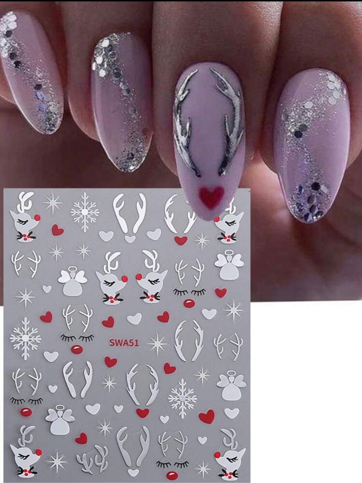Christmas Nail Art Stickers Reindeer Antlers Snowflakes Hearts Gold Silver SWA51