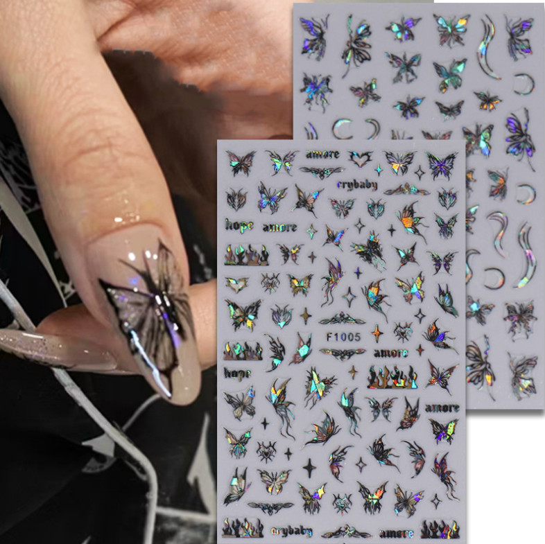 3 or 4Pcs Holographic Laser Pink Black Butterfly Star French Nail Stickers NS20