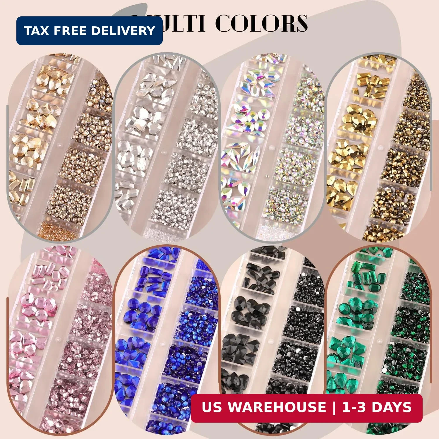 3100Pcs Champagne Gold Nail Rhinestones Kit, 1.5-3mm Mini Nail Gems + Multi Shap