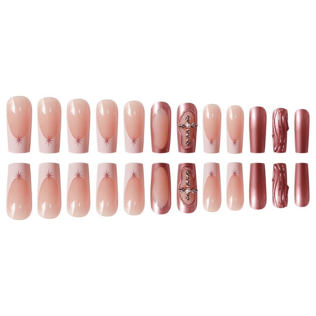 European Style Long Press On Nails Rhinestone Design