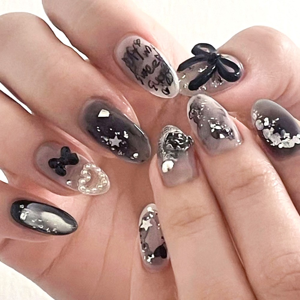 Nail Stickers Almond Shape Black 3D Bow with Pearl Heart Star Gradient Glitter