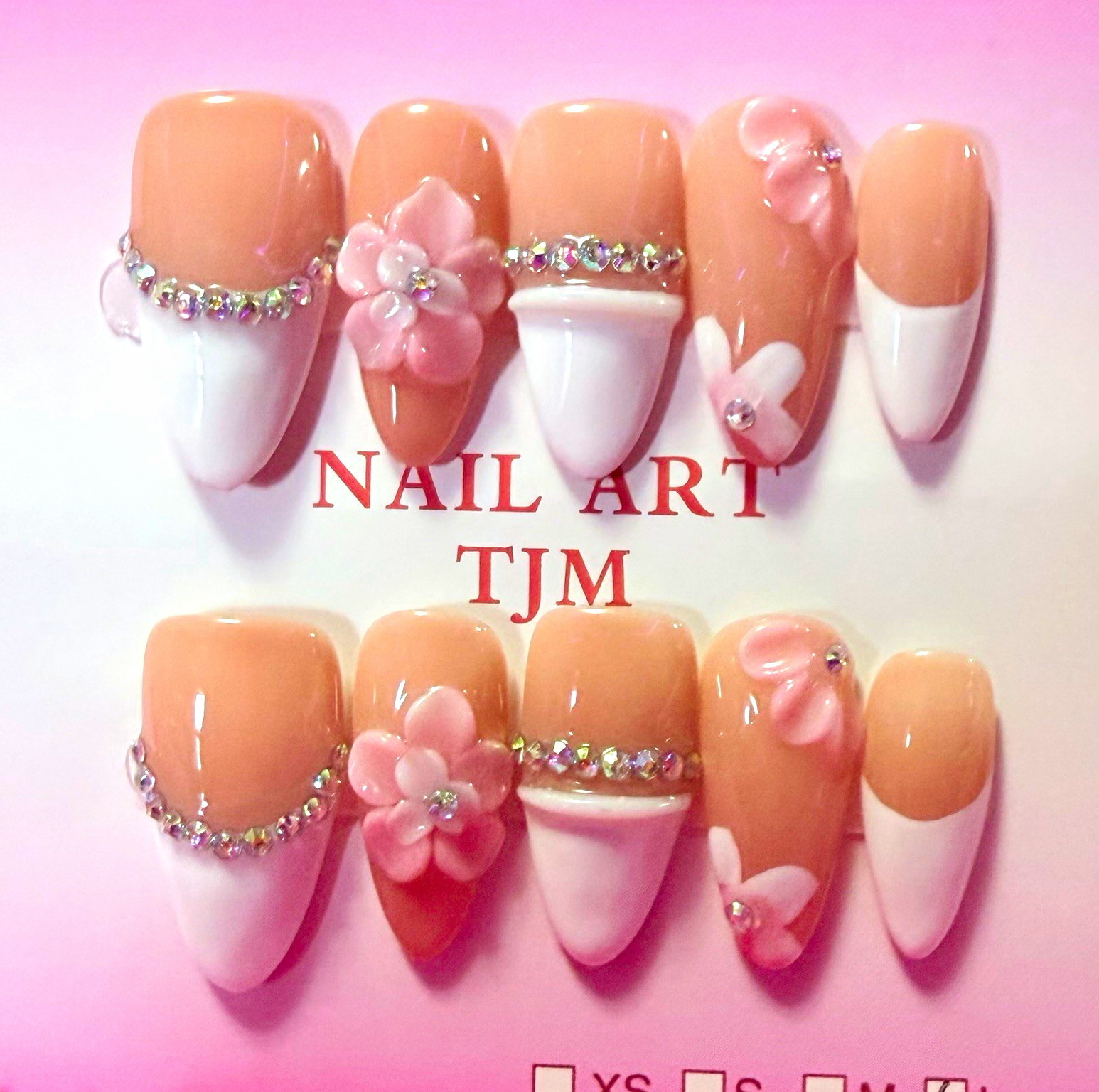 Pink/White French Tip 3D Floral Rhinestone Stiletto Press-On Nails, Long
