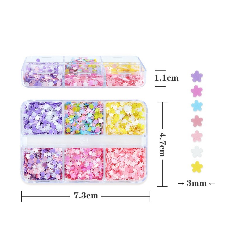 Nail Art Glitter Sequins 6 Grids Mixed Color 3MM Flower Shiny Nail Decor for DIY