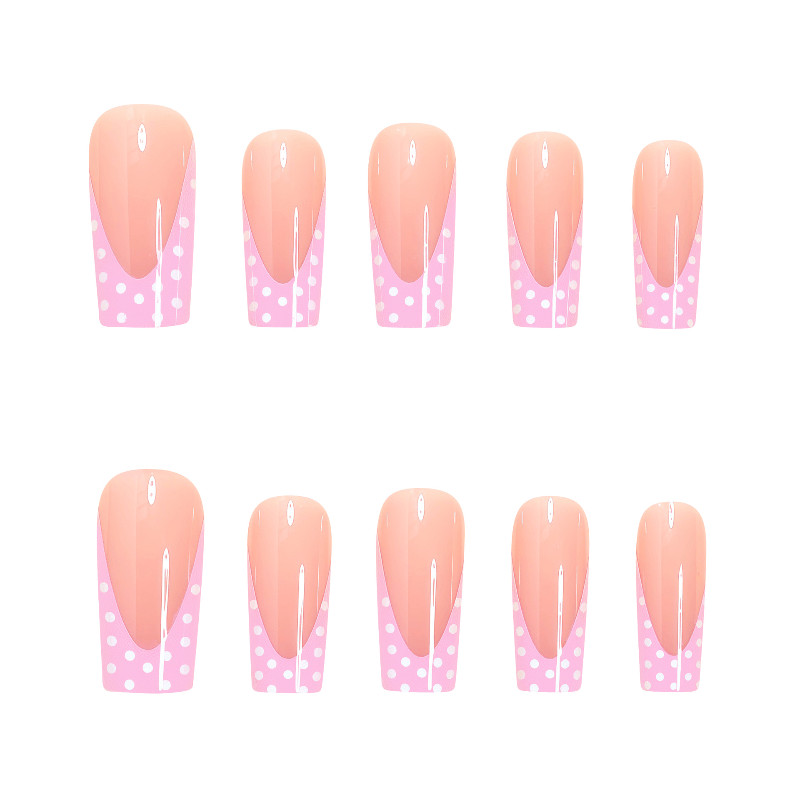 48pc Long Square Handmade Press‑On Nails,Peach Pink French with Black Polka Dots