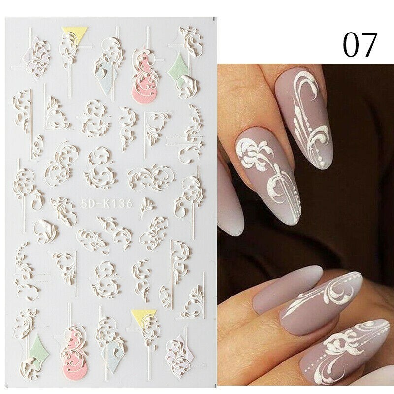 5D Acrylic Nail Stickers Engraved White Flower Sliders Embossed Manicure NS17