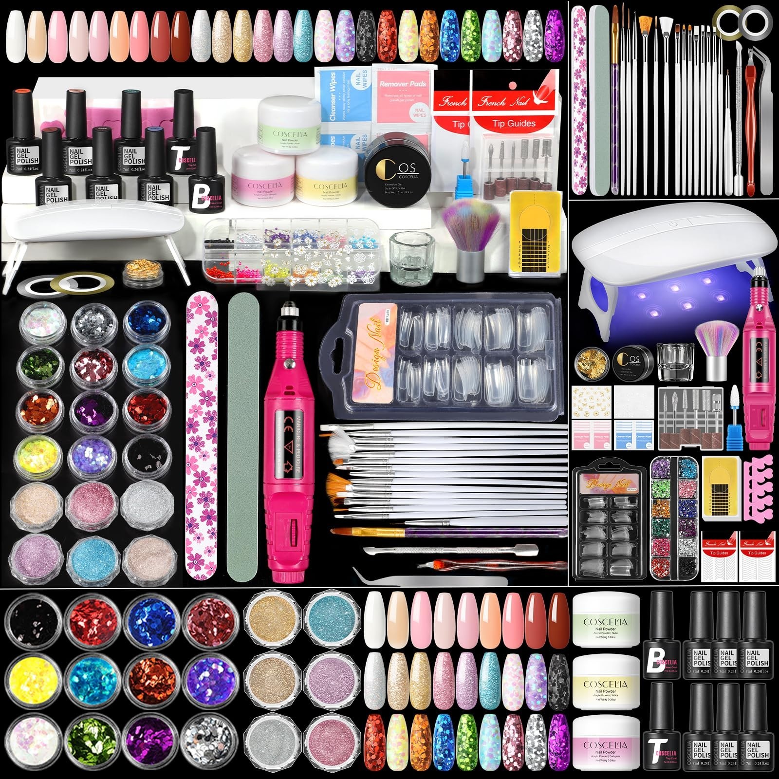 Acrylic Nail Kit for Beginners – 6pcs Powder, 18pcs Glitter, Gel Polish & Drill