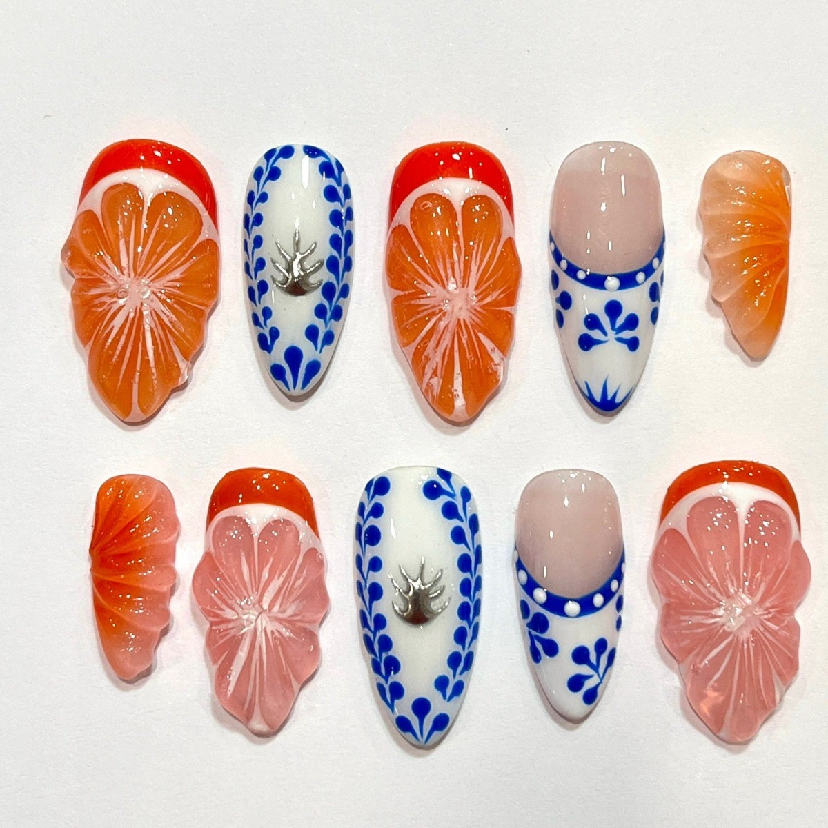 Orange Fruit Handmade Press on Nails Blue Floral Metal Charm Sweet Fake Nails