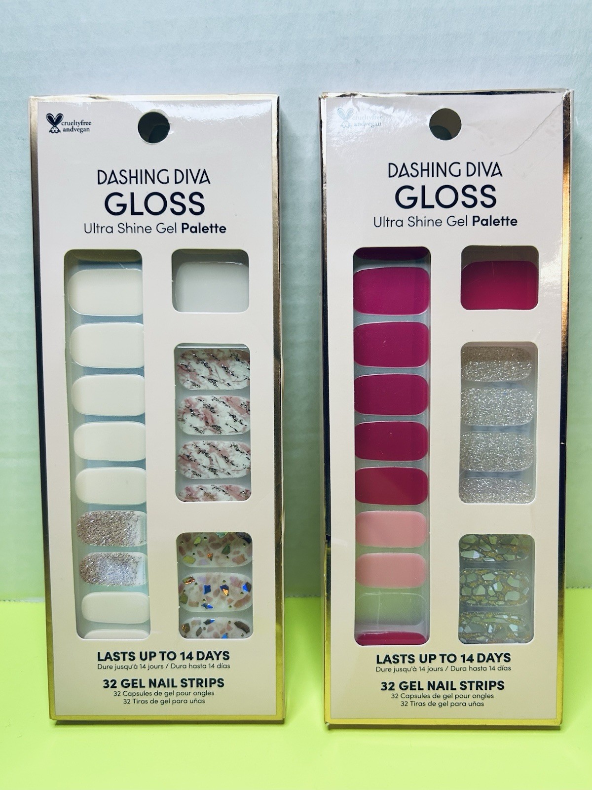 2 DASHING DIVA Gloss Ultra Shine Gel Nail Strips PALM BEACH & CRYSTAL CLEAR Lot