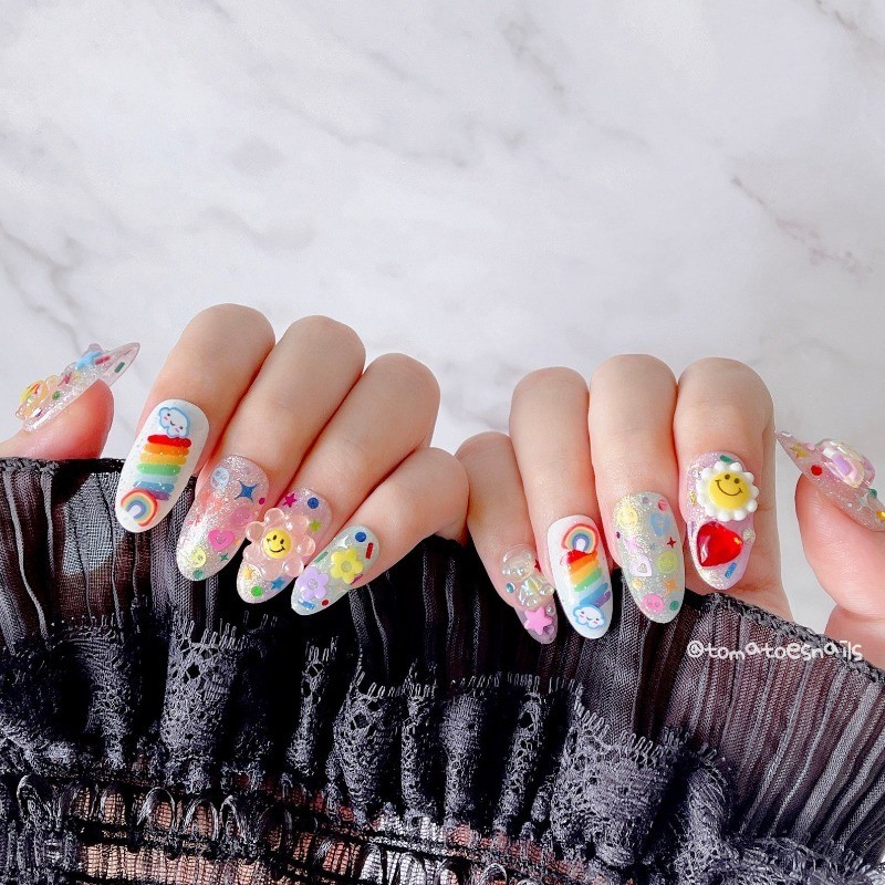 Custom Pure Handmade Nails Glitter Rainbow Flower Heart Cute Girls Manicure