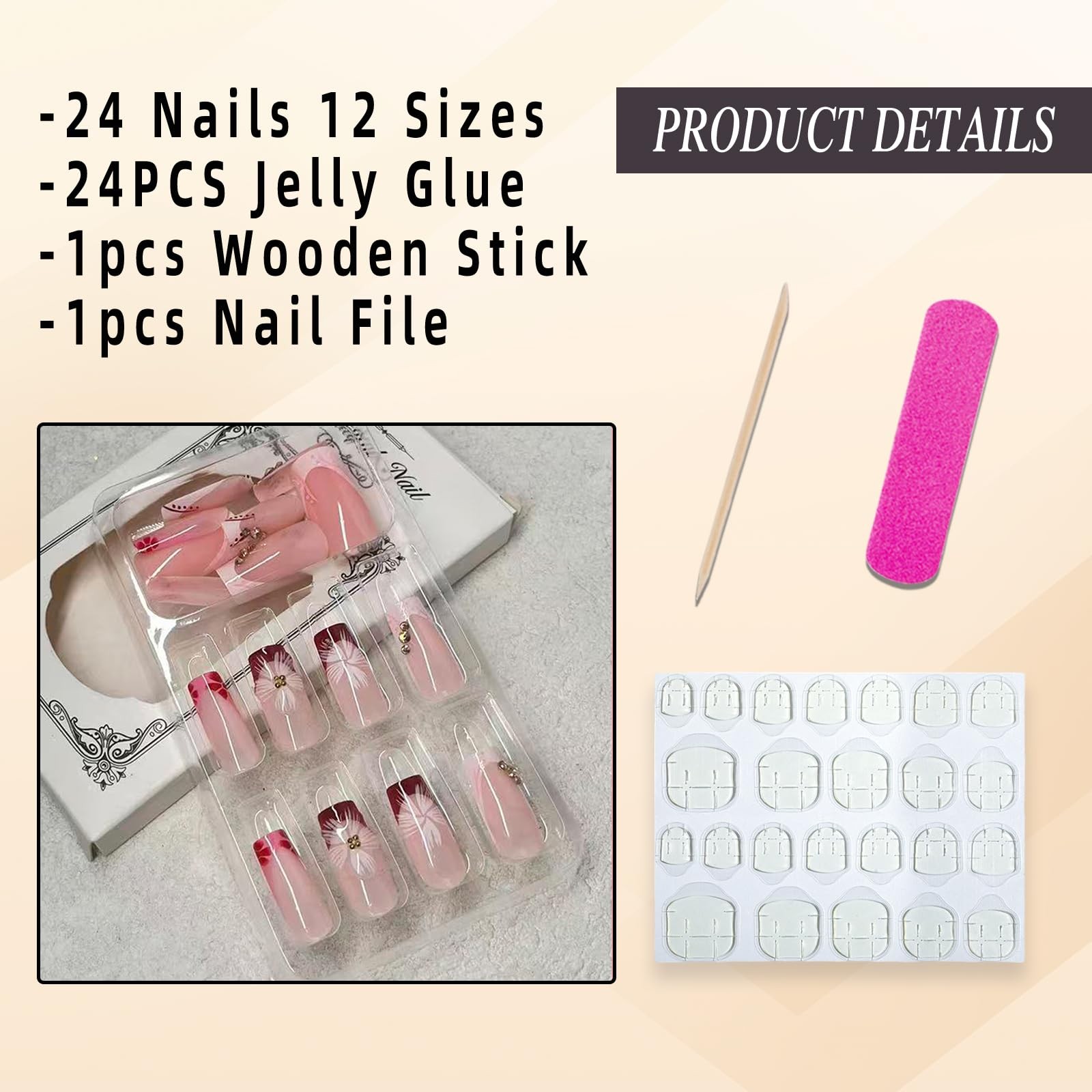 Jremg French Tip Press on Nails Medium Square Fake Long Square, Multicolor