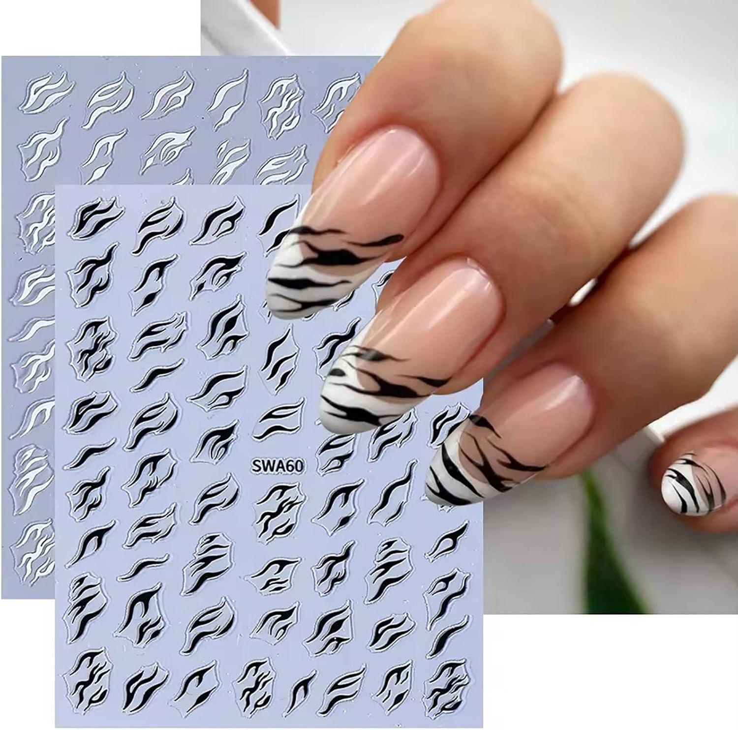 4 Sheets 3D Black White Zebra Print Nail Stickers, Self – Adhesive 3D Zebra Patt